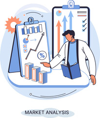 Market analysis, marketing strategy. Businessman marketer analyzes sales plan. Business data monitoring. Stock investment exchange. Financial statistics. Finance Infographic report market analysis.