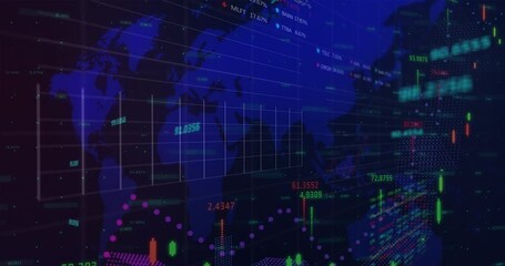 Animation of financial data processing over world map on black background - Powered by Adobe