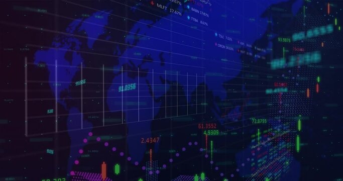 Animation of financial data processing over world map on black background