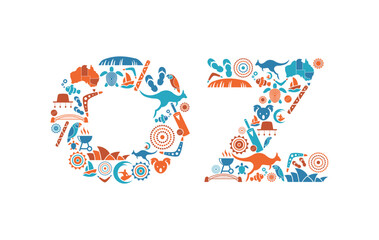 Oz word icon set - Australia icon set - blue, white, orange - vector illustration