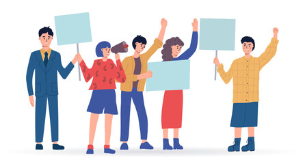 Fototapeta premium People holding blank placards. Protest for human rights and social equality. Publicity templates. Participation in a peaceful demonstration. Vector flat.