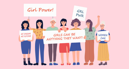 Women holding blank placards. Protest for rights and social equality. Feminism Girl Power. Participating in a peaceful demonstration. Vector flat.