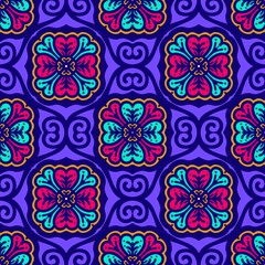 Retro geometric pattern in repeat. Fabric print. Damask style Seamless pattern background, mosaic ornament, vintage style. Design for prints on fabrics