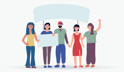 Fototapeta premium People holding blank placards. Protest for human rights and social equality. Publicity templates. Participation in a peaceful demonstration. Vector flat.