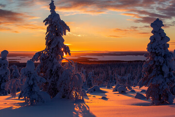 Winter sunrise with snowy trees at Riisitunturi National Park in Northern Finland. Trees under...