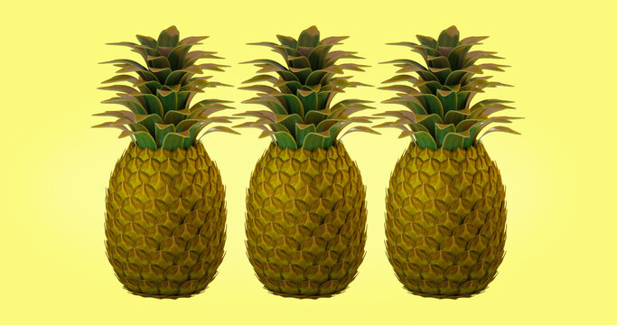 Three dimensional render of fresh sweet pineapples on the isolated yellow background in 3d model for blender