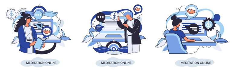 Meditation online metaphor. Classes on laptop, practicing yoga, mental exercises. Live stream, internet education. Wellness practice restore peace mind. Healthy lifestyle, clearing brain and managing