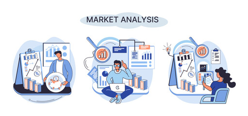Fototapeta premium Market analysis metaphor marketing strategy development. Business research. Identify business determine solutions business problems solving. Marketer analyzes sales plan, doing an advertising campaign