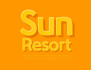 Vector stylish poster Sun Resort. Yellow sticker Font. Modern artistic Alphabet Letters and Numbers