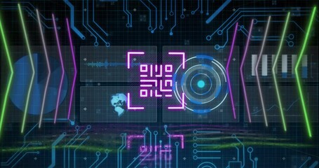 Animation of qr code with computer circuit board over data processing on black background - Powered by Adobe