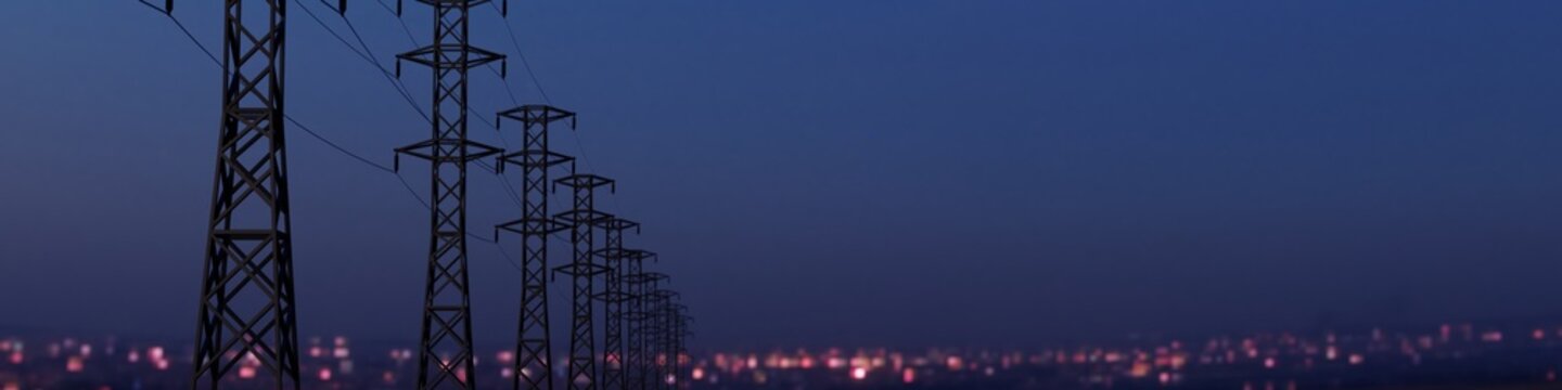 Electricity Power Lines And City Lights. 3D Render Illustration.