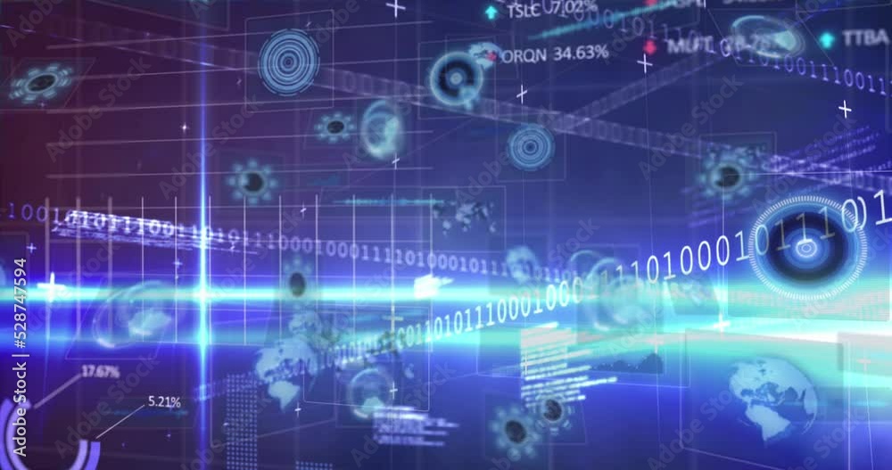Poster animation of data processing and light trails over scope scanning on black background