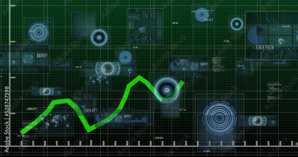 Poster animation of data processing over scope scanning on black background