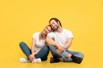 People, love, advertising and offer. Glad millennial caucasian female and male in white t-shirts