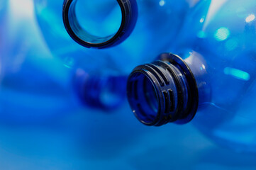 macro detail of blue plastic bottles, recycling concept