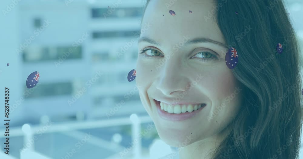 Poster Animation of balls and flag of australia over caucasian businesswoman smiling