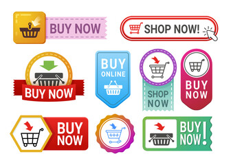 Buy now advertising promo button stickers set realistic vector illustration