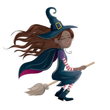 Cute witch on a broom cartoon illustration - Halloween theme