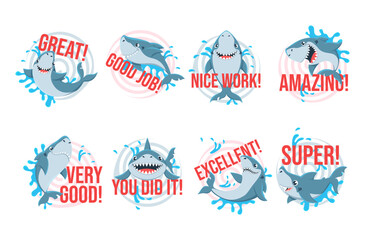 Shark awards stickers with motivational inscriptions set vector illustration