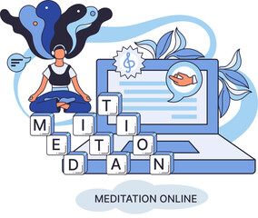 Fototapeta na wymiar Meditation online metaphor. Classes on laptop, practicing yoga, mental exercises. Live stream, internet education. Wellness practice restore peace mind. Healthy lifestyle, clearing brain and managing