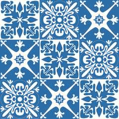 Azulejo blue tiles for wall decoration, traditional portuguese pattern for design and textile