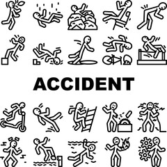 accident injury man person icons set vector. human car crash, fail safety, road danger, slip caution, work risk traffic accident injury man person black contour illustrations