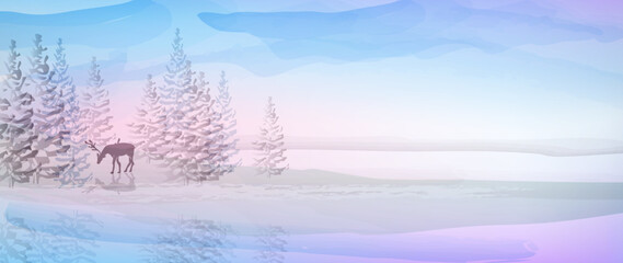 Naklejka premium Winter landscape with frozen lake and dear in snowy forest. Design in pastel colors. Minimalist vector illustration suitable for banners, booklets, web, brochures, flyers, advertisements.