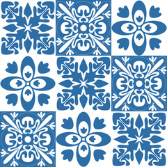 Spanish traditional Azulejo tiles for interior decoration, textiles and design. Vector illustration blue white color