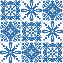 Seamless pattern Azulejo mosaic tile in blue color, traditional ornament for wall decoration