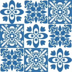 Seamless pattern Azulejo mosaic tile in blue color, traditional ornament for wall decoration and interior design
