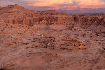 Aerial view of the Valley of the Kings in Luxor at sunrise
