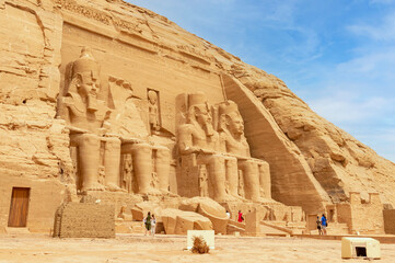Cairo,Egypt. 28.08.2022.Abu Simbel Temple, view of the entrance gate with the figures of Ramses