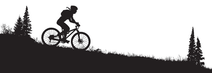 A vector silhouette of an adult woman mountain biking in a mountain setting. © LUGOSTOCK