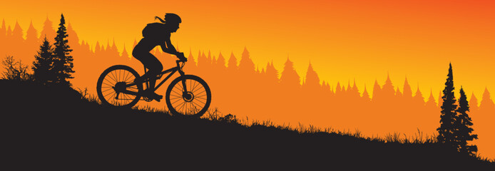 A vector silhouette of an adult woman mountain biking in a mountain setting. © LUGOSTOCK