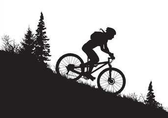 Fototapeta na wymiar A vector silhouette of an adult woman mountain biking in a mountain setting.