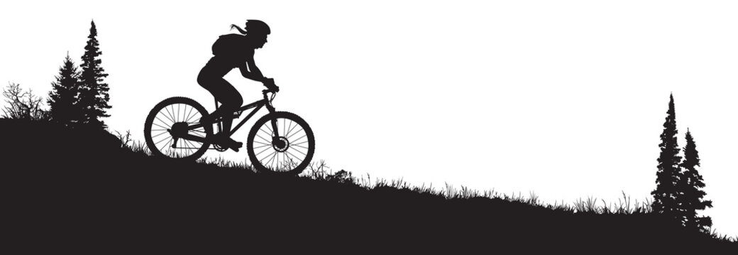 A vector silhouette of an adult woman mountain biking in a mountain setting.