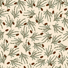 seamless christmas background with pine needles branches. endless natural pattern. Print for packaging, Christmas textiles, digital paper, photo zones. Scandi design. Vector illustration, hand drawn
