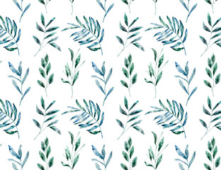 Watercolor plants, green seamless pattern. Watercolor texture, splash, wallpaper. Eco style background