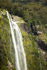 Fototapeta na wymiar Beautiful waterfall in Milford Sounds New Zealand