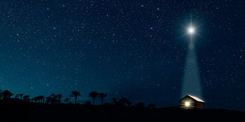 The star shines over the manger of christmas of Jesus Christ. panorama - obrazy, fototapety, plakaty