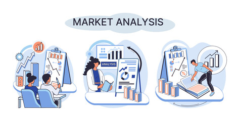 Market analysis metaphor marketing strategy development. Business research. Identify business determine solutions business problems solving. Marketer analyzes sales plan, doing an advertising campaign