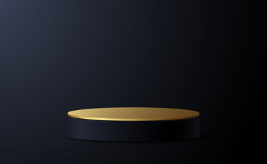 Realistic 3d cylinder pedestal golden podium with black background. Pastel minimal scene. Stage for showcase, Product display