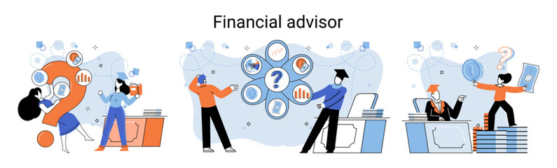 Financial advisor giving advice investment money market analysis management planning for customer. Fiscal consultant professional in finance. Business development successful vested interests metaphor