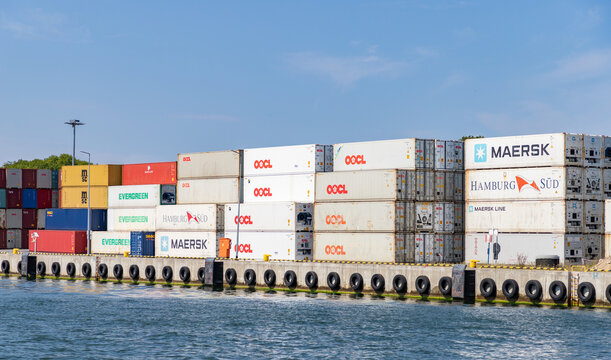 Gdansk, Poland - August 14, 2022: A picture of multiple colorful shipping containers in the Port of Gdansk.