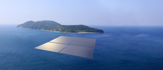 Solar photovoltaic station in the dam Floating solar panel raft  aerial view solar cells on water 3d render - obrazy, fototapety, plakaty