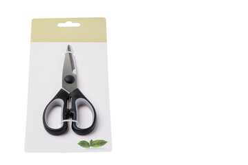 Close up view of kitchen scissors isolated on white background. 