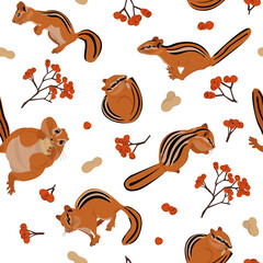 Seamless illustration of chipmunks. Vector image of chipmunks and mountain ash branches