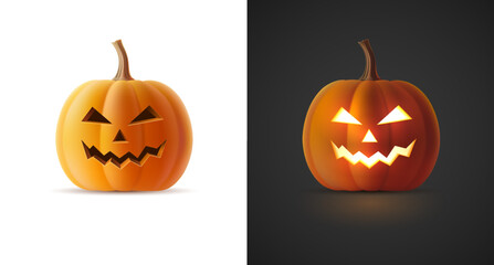 Vector illustration of volumetric glowing Jack-o-lanterns for Halloween. Template 3D realistic pumpkin with carved smiley face on isolated background. Autumn holiday, All Saints Eve