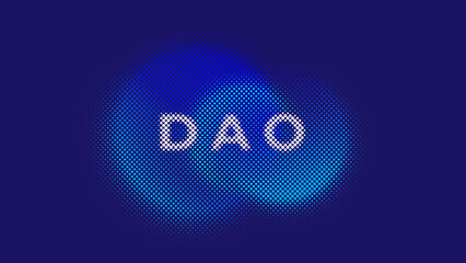 Decentralized Autonomous Organisation. Illustration with typography DAO for infographics. Digital technology concept, smart contract, cryptocurrency. Vector wallpaper, blue background, blurred circle