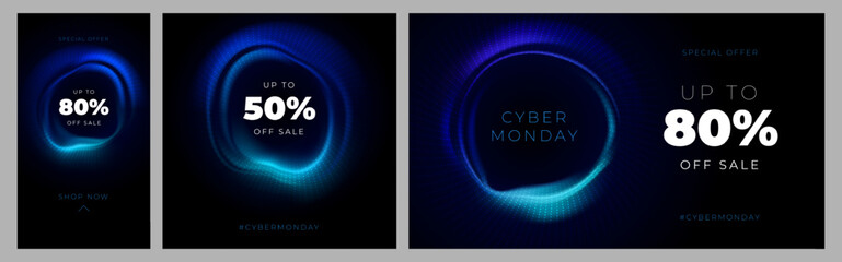 Vector template for discount Cyber Monday with neon glowing wave in form of circle. 50 fifty percent off. Up to 80 percent off sale. Illustration for website, store, shop, banner, promo, app.